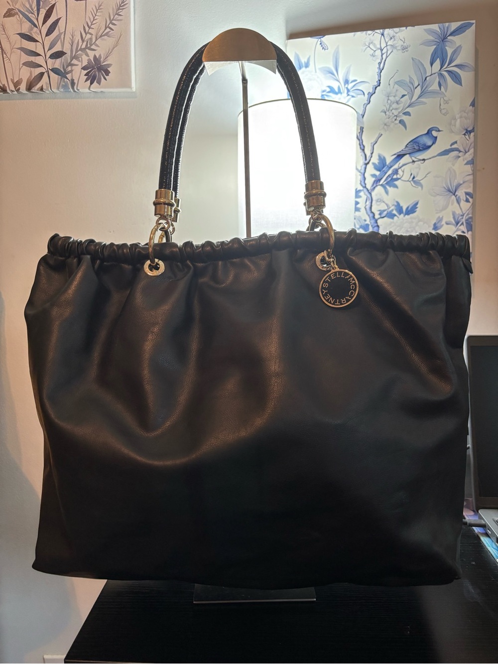 Authentic Stella McCartney Noma Soft Drawstring Shopper Tote Black/Gold Hardware
